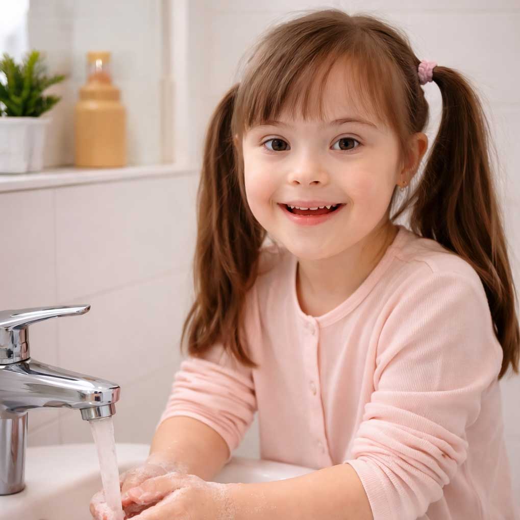 cheerful special needs girl washing hands in sink square cheerful special needs girl washing hands in sink square