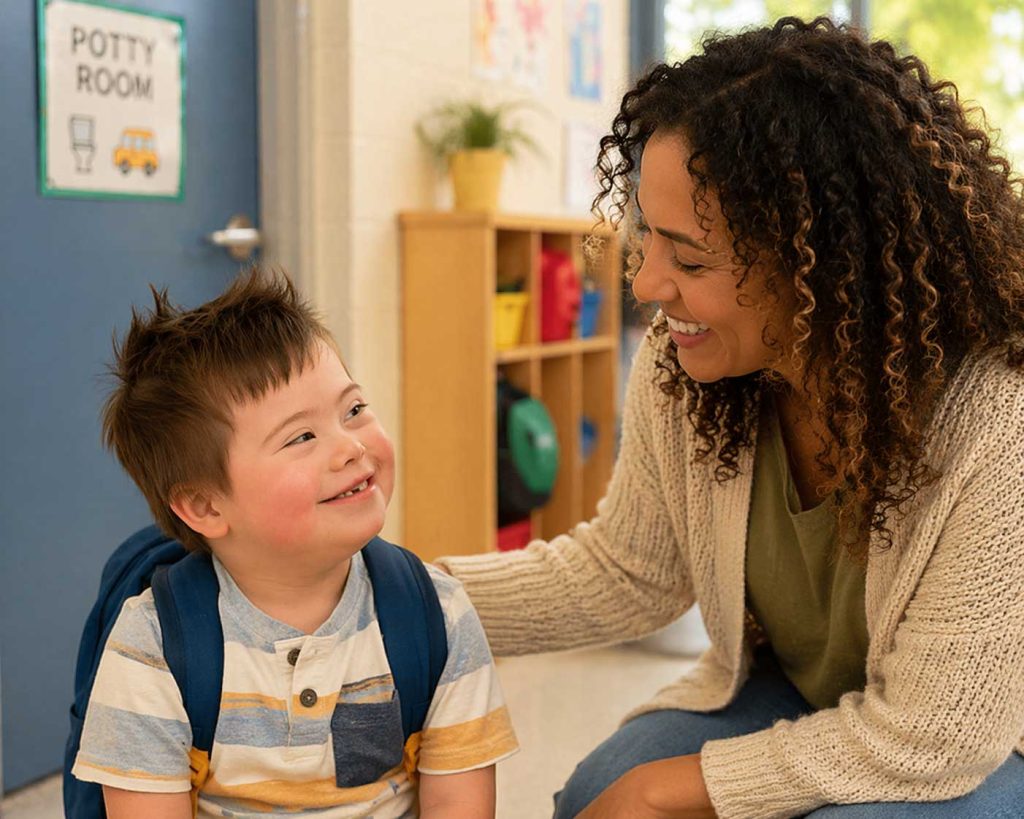 friendly moment in a preschool hallway friendly moment in a preschool hallway