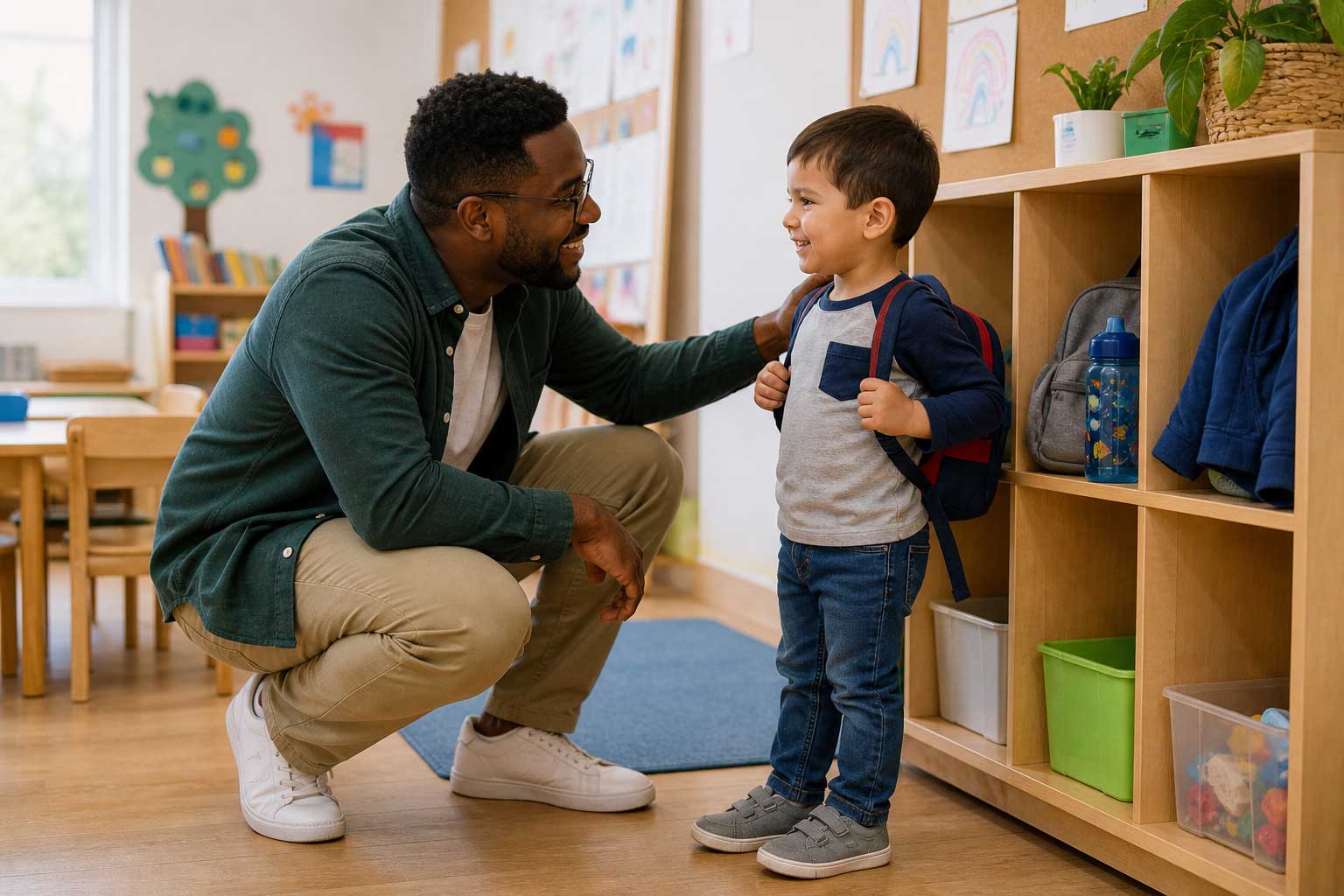 teacher talking to child classroom